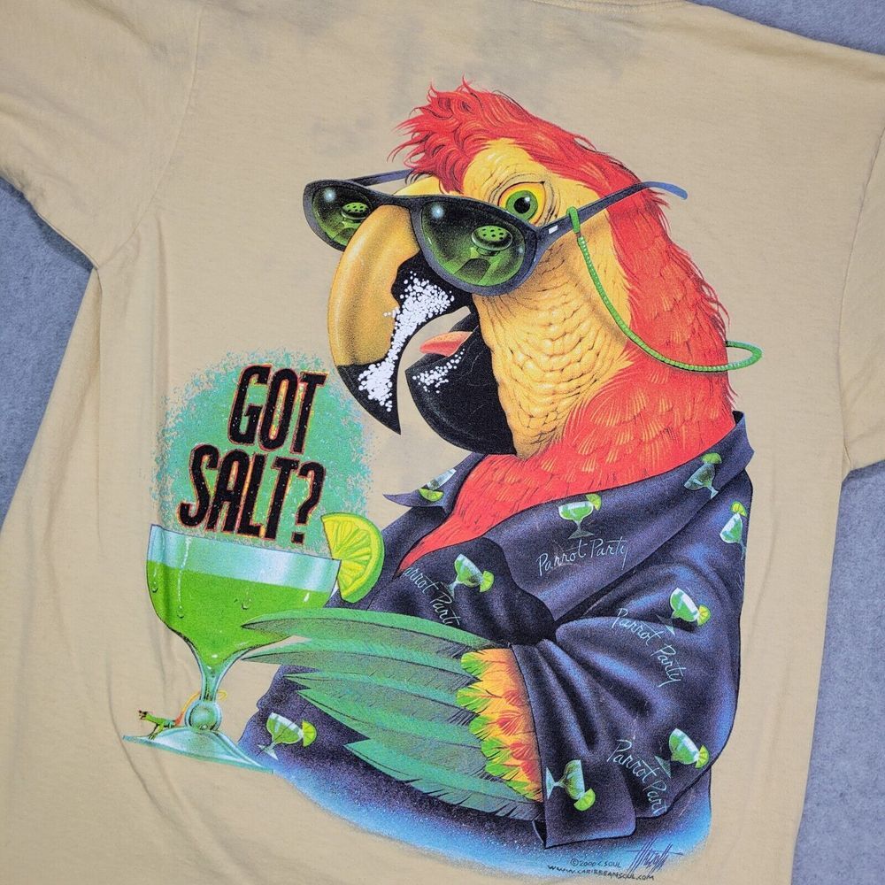 Caribbean Soul Vintage 1980s T-Shirt Men's Size L Yellow Parrot Party Got Salt